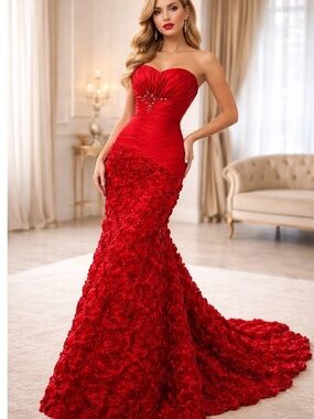 Red Strapless Prom Dress with Rosette Skirt